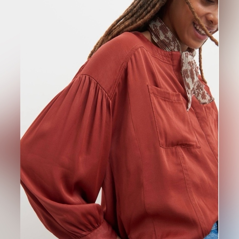 Anthropologie Pilcro Deep Red/Rust satin Blouse with Pockets - Picture 3 of 11